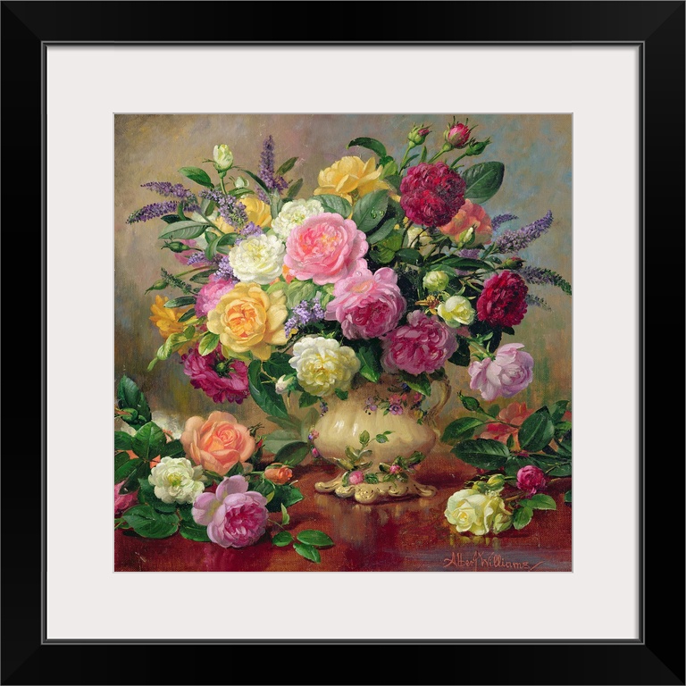 Huge floral painting shows an arrangement of various colorful roses from a garden sitting in a vase and spread out on a ta...