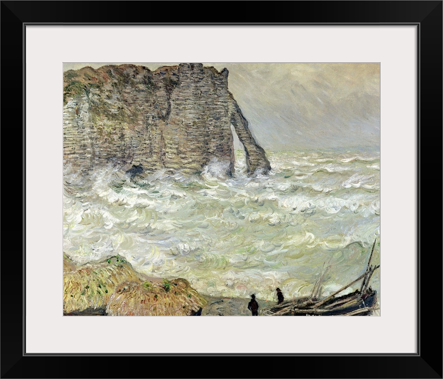A painting by Claude Monet of two men standing by beached boats as rough waves pound the beach and a cliff in the distance.