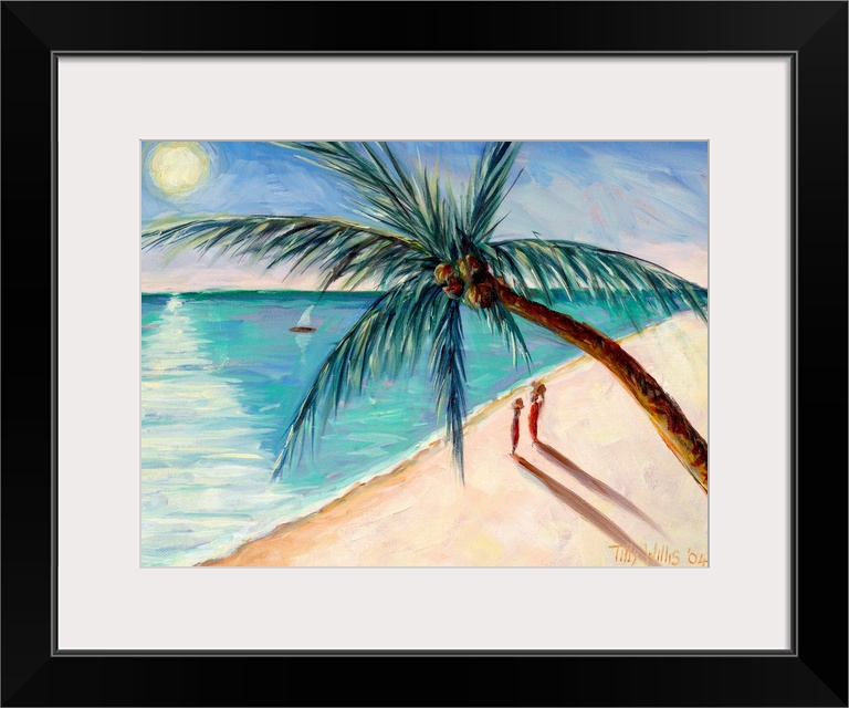 Contemporary painting of a tropical beach scene with figures and sail boat watching the sun setting.