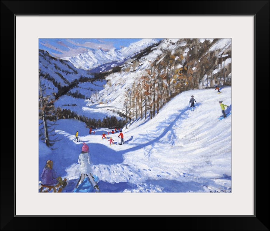 Contemporary painting of a snowscape with people skiing down the slopes.