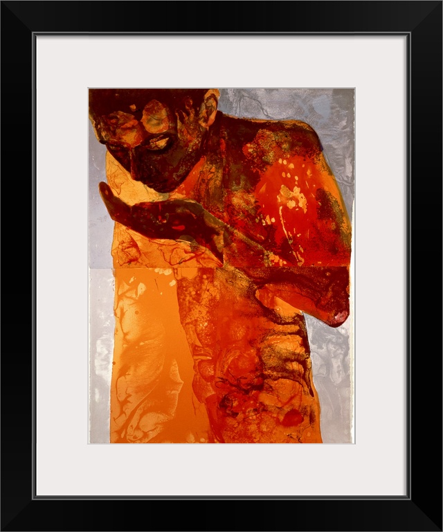 A giclee print on canvas originally from a silkscreen print. An abstracted human figure sips from their hand; the figure i...