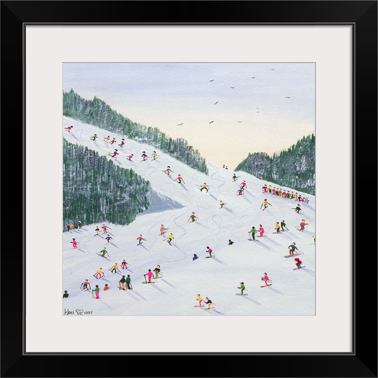 Contemporary painting of several people skiing on a hill in the late afternoon.