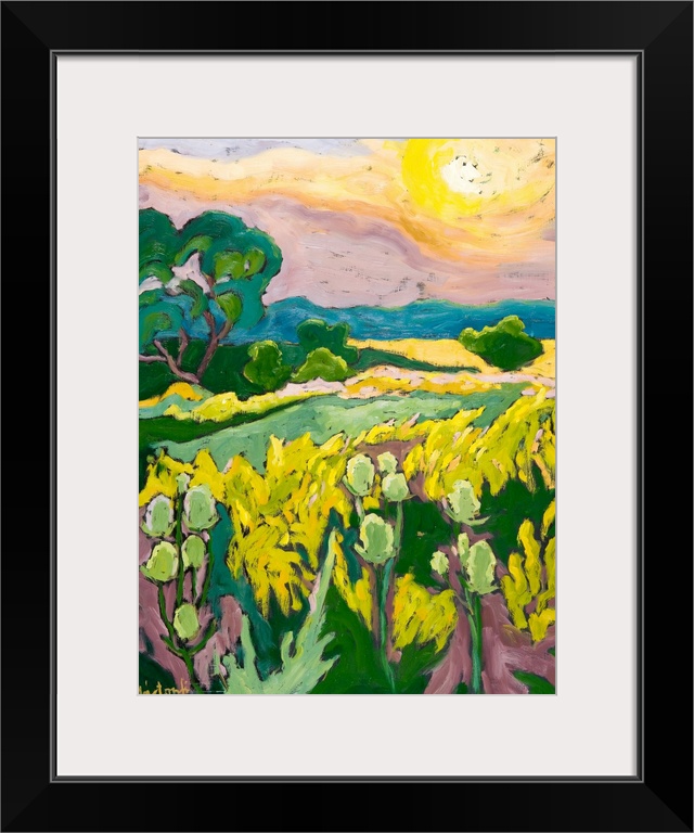 This vertical landscape painting captures and meadow of wildflowers at sunset with big areas of color created with thickly...