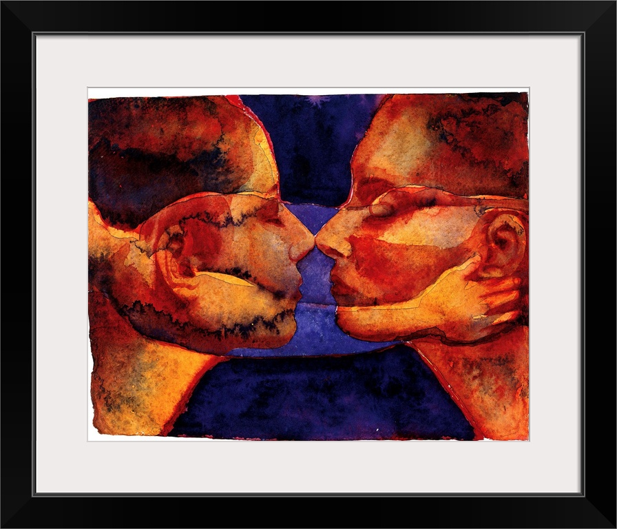 Contemporary watercolor painting of two deep orange toned faces coming close together to kiss.