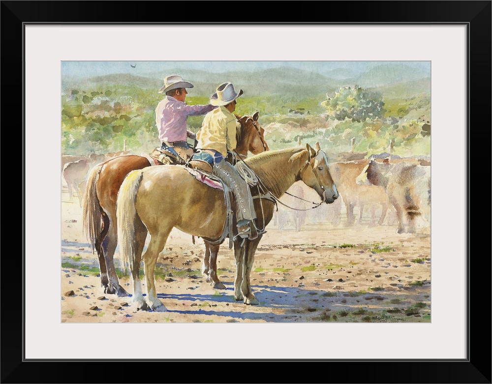 "Splitting the herd" is a watercolor of an actual roundup in California. The history is sketchy but I do remember the arti...