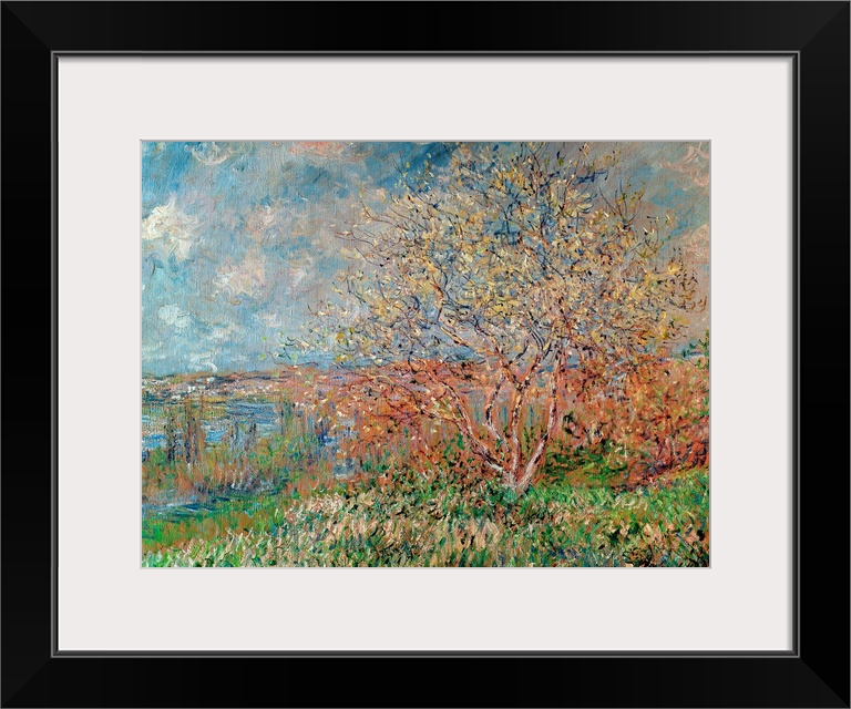 An Impressionist landscape painting of a small tree growing on a hill overlooking a valley.