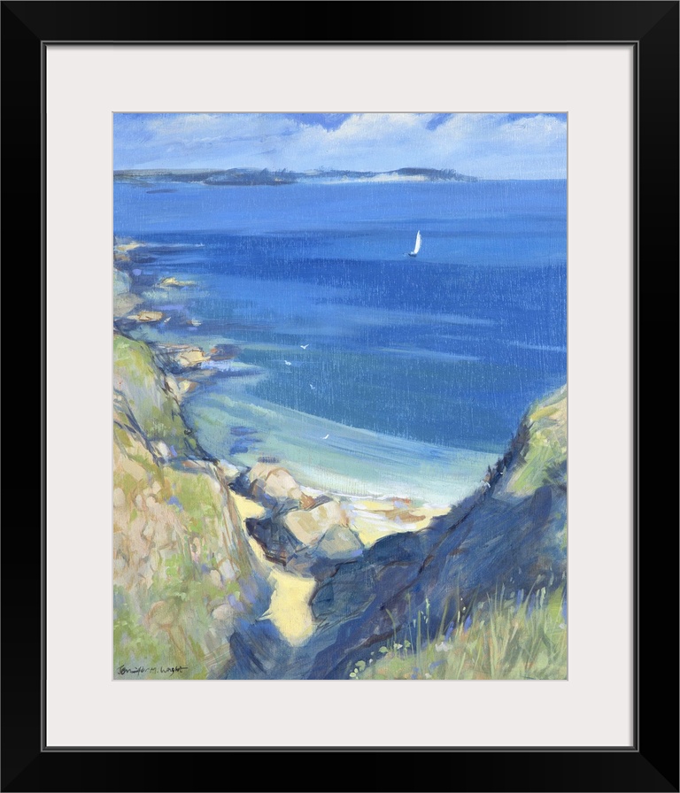 Contemporary painting of sailboats on the water off the English coast.