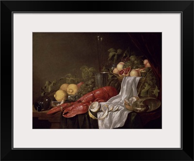 Still life of fruit and a lobster on a cloth-draped table