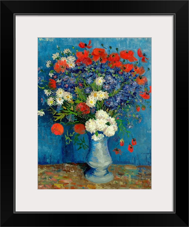 Classic painting of a vessel containing a bouquet of fresh, bright flowers on a table against a wall.