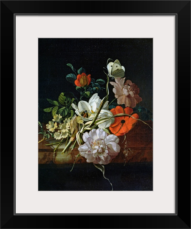 This classic artwork is a painting of a batch of flowers of different types and colors with a beetle sitting on one of the...