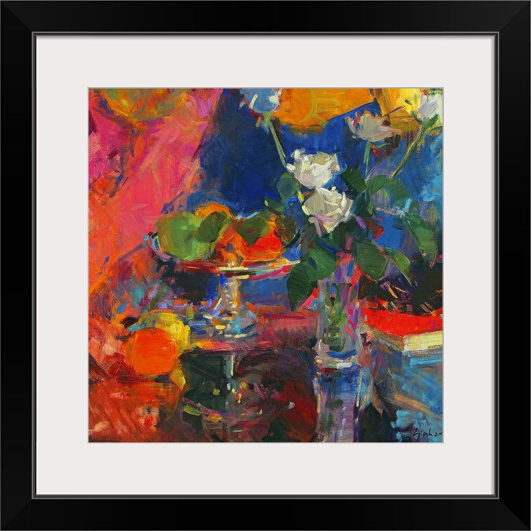 Abstract artwork of a vase of flowers and a bowl of fruit on a table that has colorful paint strokes all around it.