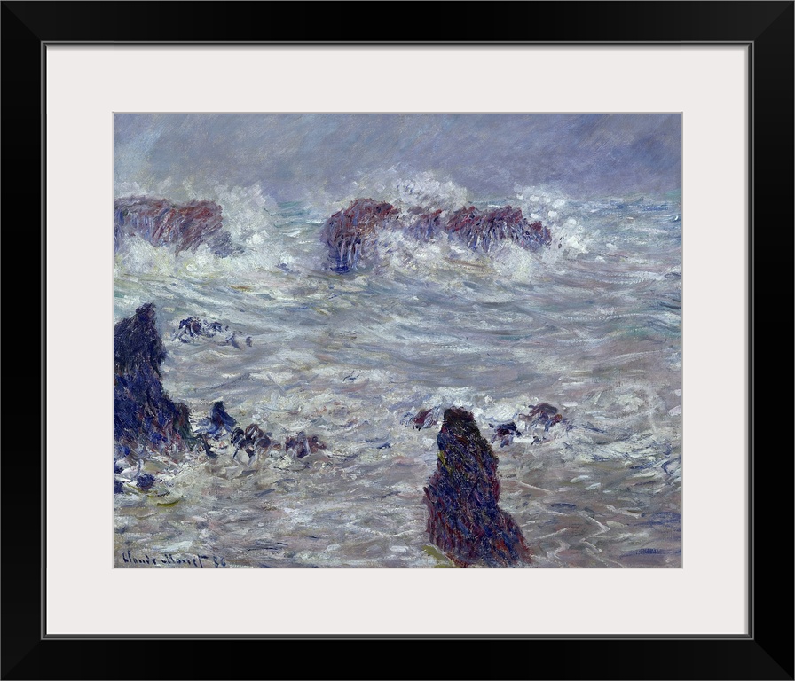 Oil painting of rocky shoreline with crashing waves and rough seas.