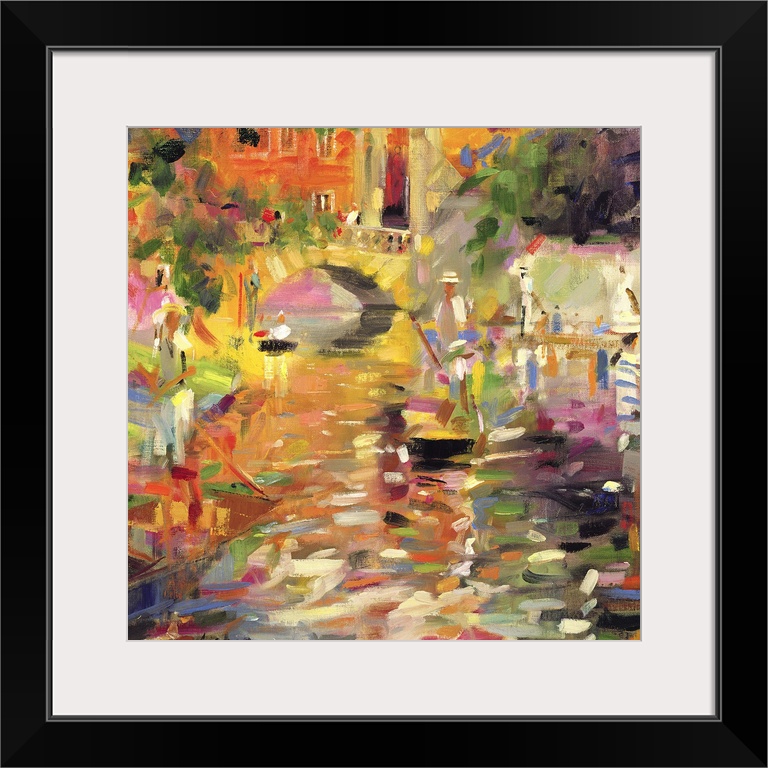 Contemporary artwork that uses lots of different colors to paint a river with a small bridge going over it in the backgrou...