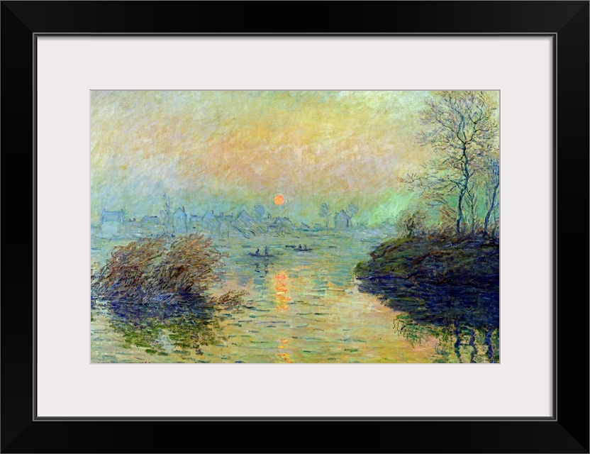 Landscape painting from an Impressionist masterof boats paddling in a river as the sun sets.