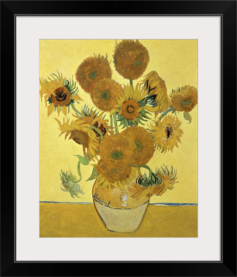 Vincent Van Gogh's famous oil on canvas painting of sunflowers in a vase in warm tones.