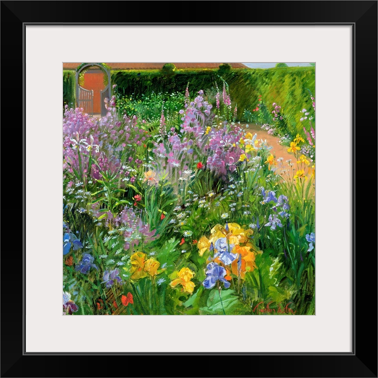 Square painting of different types and colors of flowers planted in a garden.