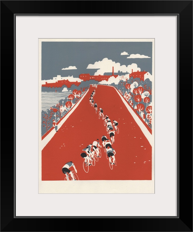 Contemporary artwork of a cyclists on a red road.