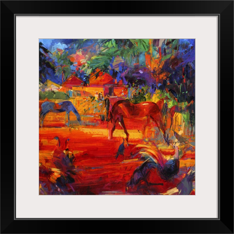 Painting of horses and other farm animals grazing with a house in the background in mostly warm tones.