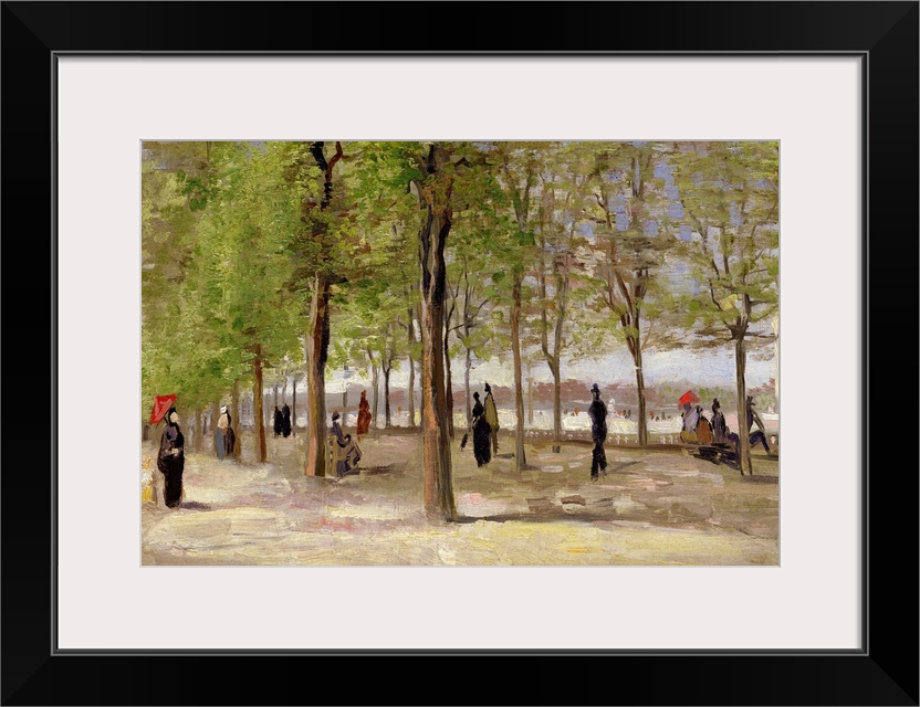 Muted antique painting of people strolling through a wooded park.  Some people are carrying umbrellas and some are sitting...