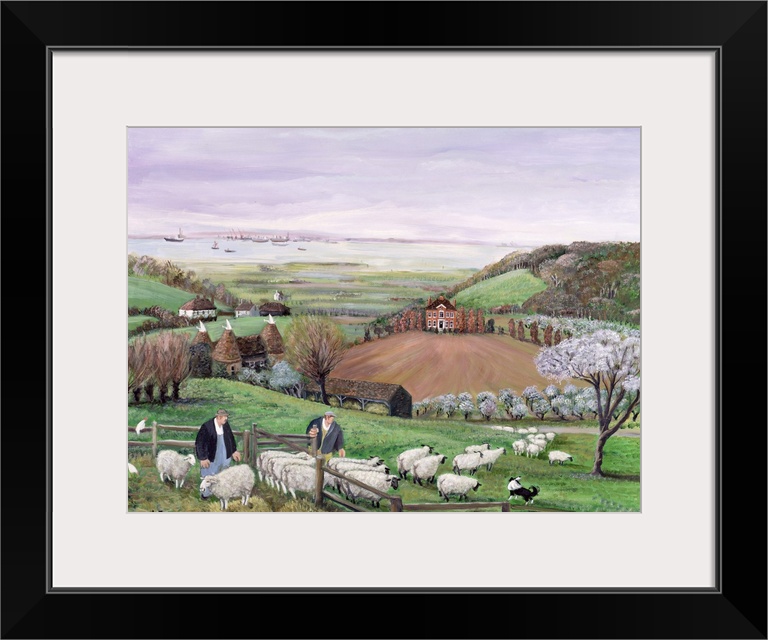 Contemporary painting of shepherds and sheep in the English countryside.