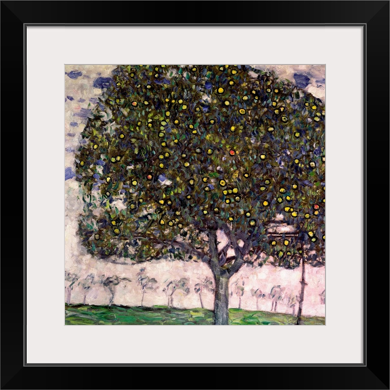 Giant classic art depicts a fruit tree within a field of the foreground set against a background that incorporates a line ...