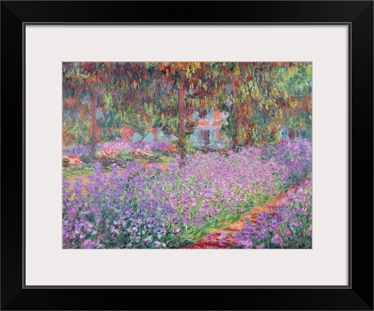 Giant classic art painting showcasing a beautiful garden filled with flowers and surrounding trees.