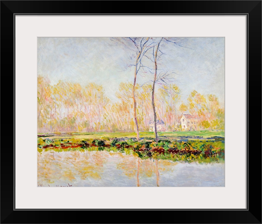 Horizontal classic art on a large canvas of two tall, thin trees at the edge of the River Epte, a line of fall colored tre...