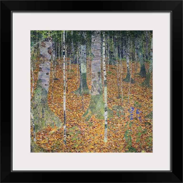 A square, modern art painting of a forest floor covered with leaves and moss covered birch trees.
