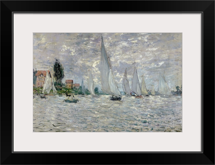 Big classic art shows a fleet of sailboats making their way through a choppy waterway in Paris, France.  On the shore of t...