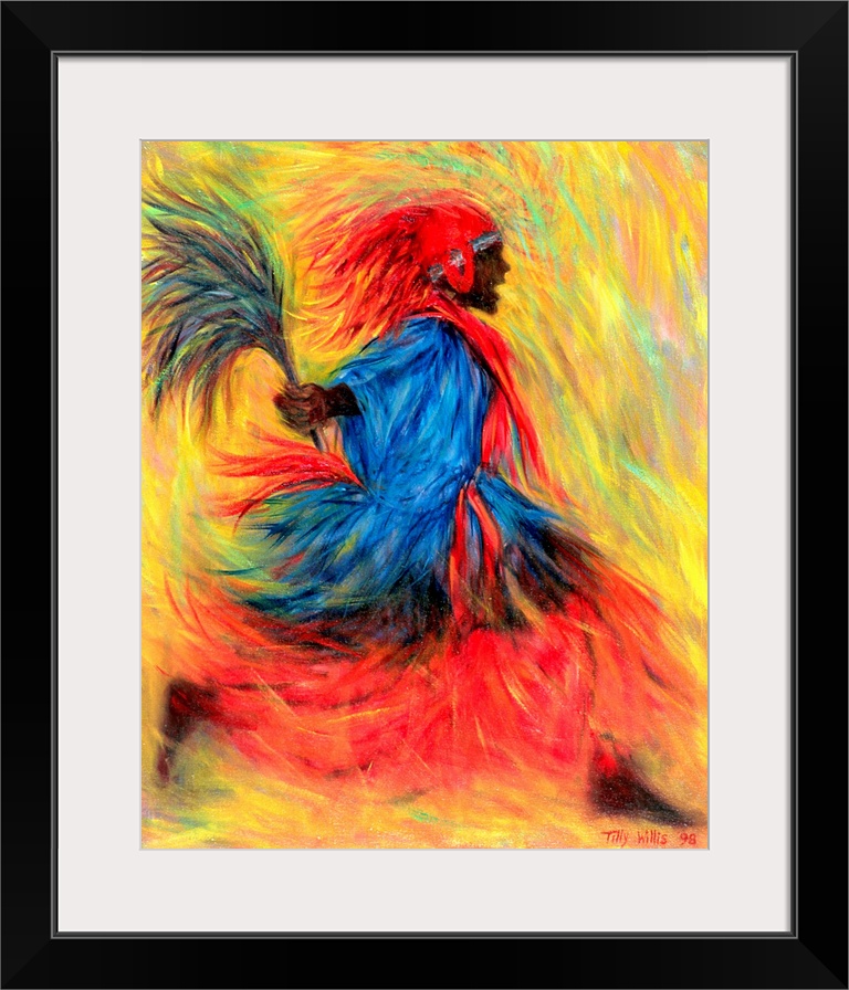 Huge contemporary art showcases an African-American in a vibrantly colored costume performing a dance while holding feathers.