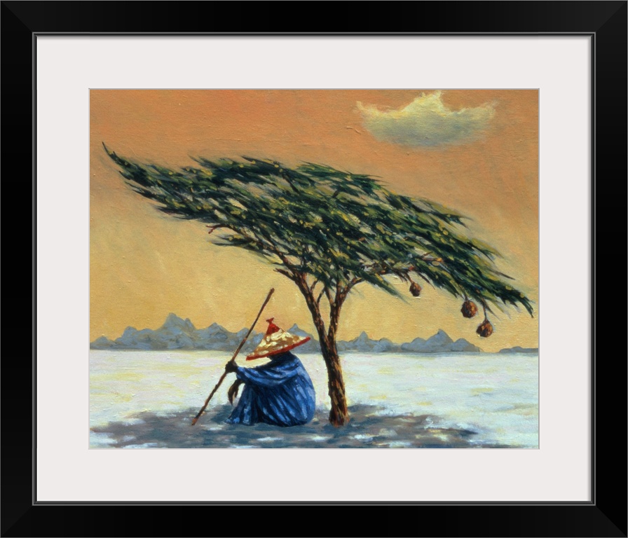 Contemporary oil painting of a man sitting beneath a short tree in the desert to cool down from the heat.