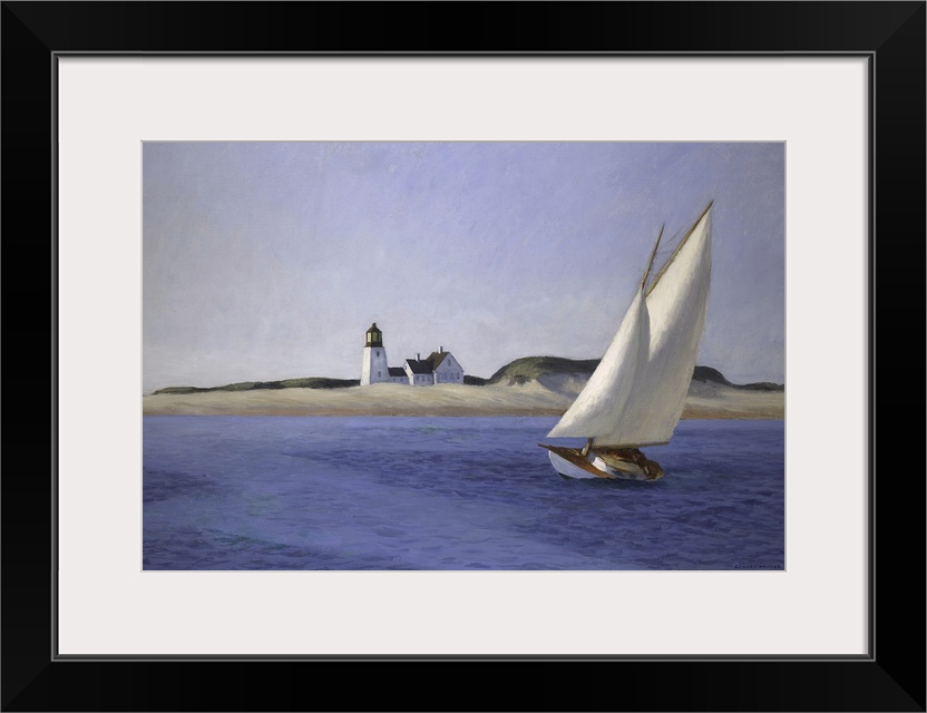 Classic art painting of a sailboat moving gracefully across the water on the New England shore with cool tones and sense o...