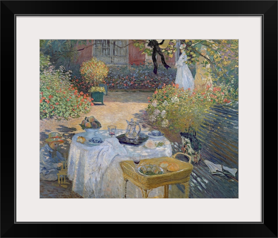 Big classic art showcases a couple of women and a child enjoying an afternoon snack within a courtyard on a sunny day.  Ar...