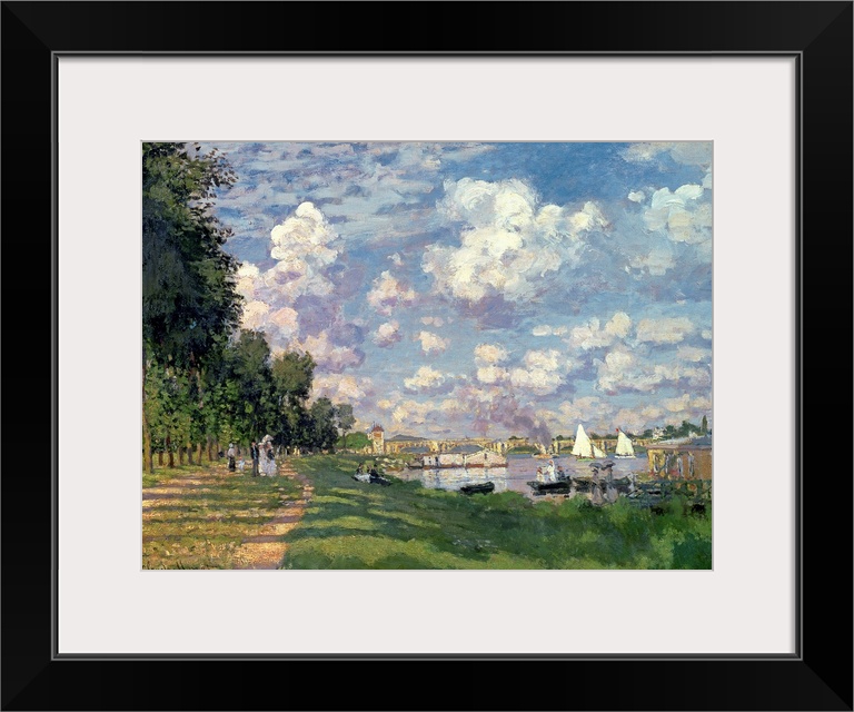 This wall art is a landscape painting of a river scene by an Impressionist master showing a road lined with trees and a ri...