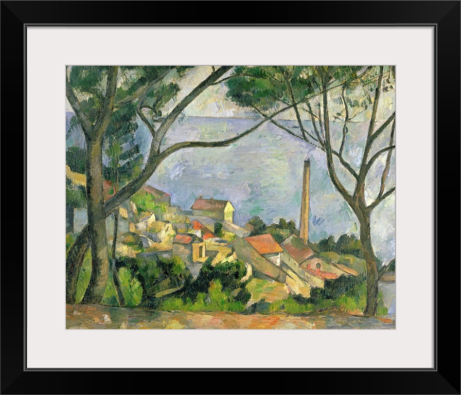 Painting by Paul Cezanne of a picturesque seaside town with two trees in the foreground on a hill overlooking the town.