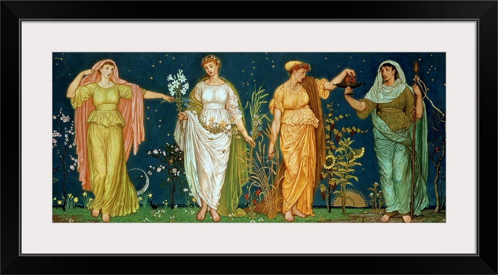 Classic artwork that has four women each representing a different season from spring to winter.