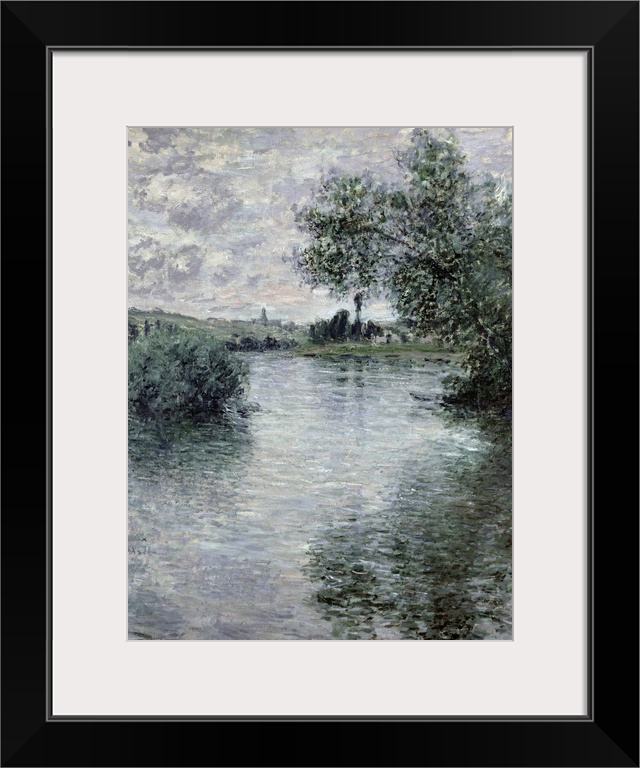 A classic art piece of a body of water that has trees hanging over it and reflecting in it with land shown in the distance...