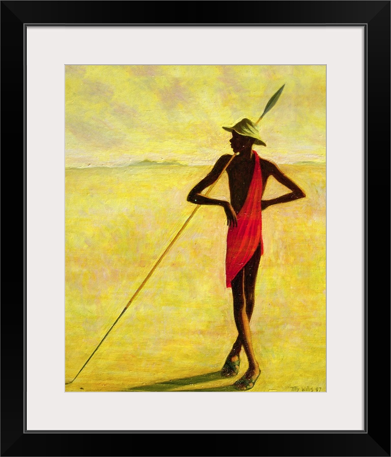 A figure standing on the African plains, cast in shadows, leaning against a long spear.