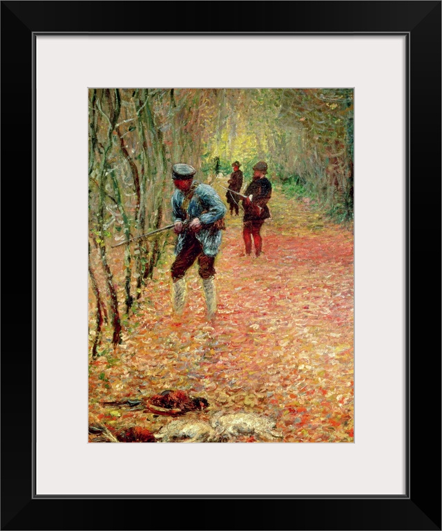 Wall painting of hunters looking through a dense forest holding guns.