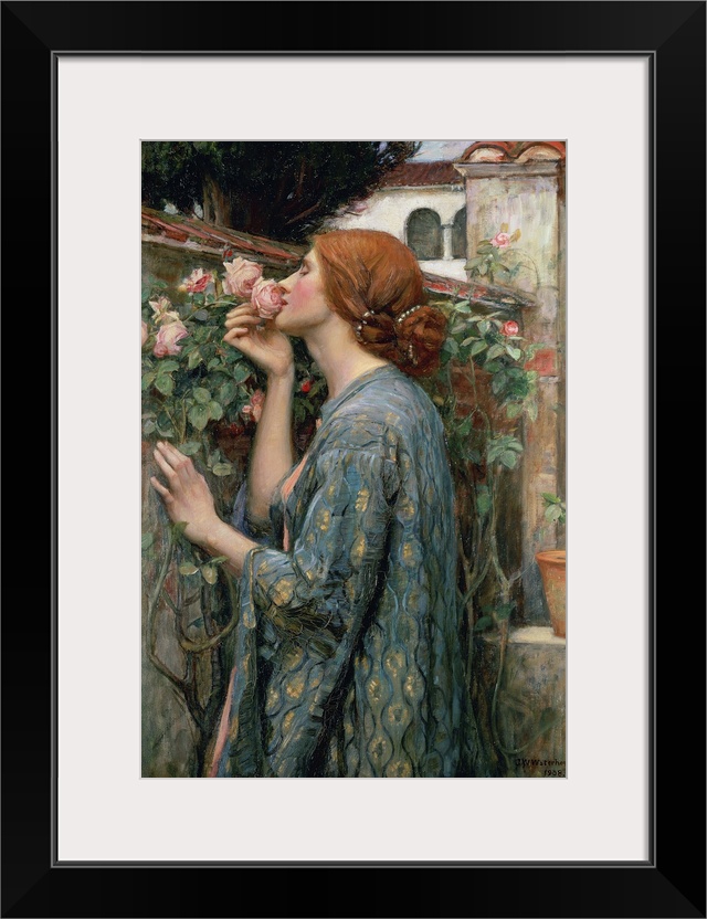 A Pre-Raphaelite painting from the early 20th century of a red haired woman in an embroidered robe inhaling the fragrance ...