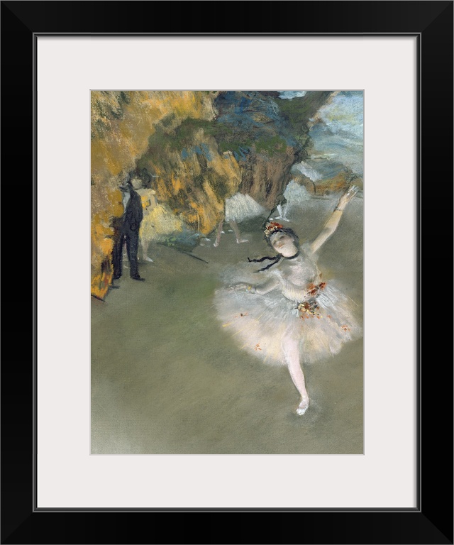Classic art painting of a ballerina dancing on the stage in her pink and floral tutu.