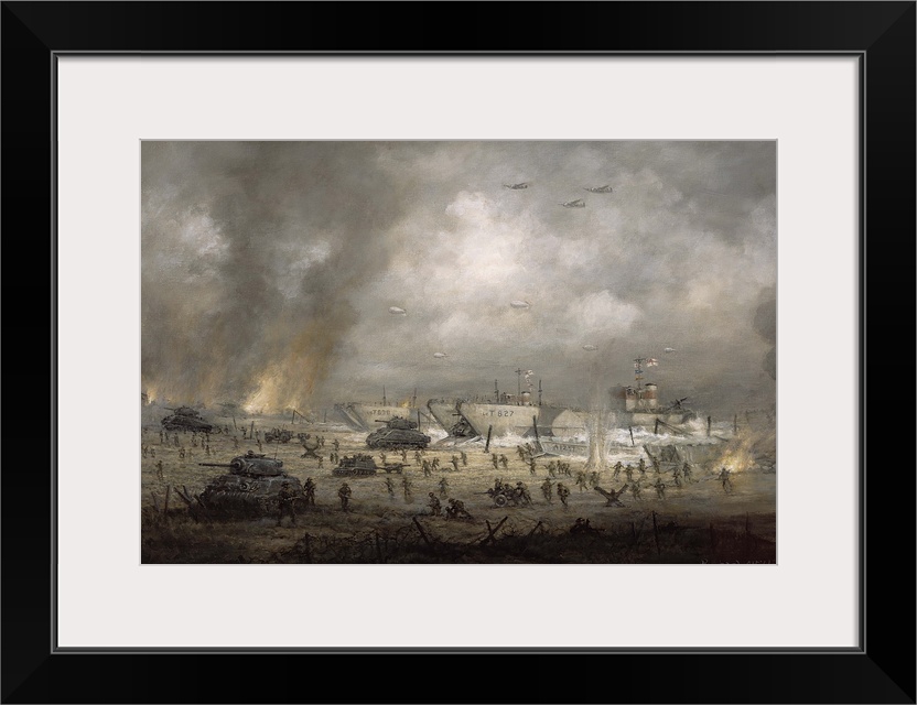 This large piece is a drawing and depiction of war with soldiers and tanks on the ground as ships come in from the water.