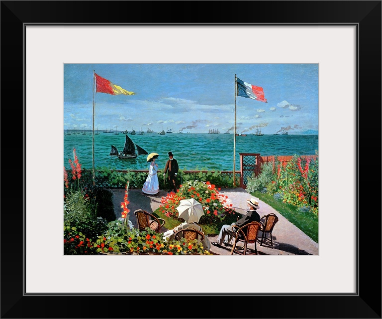 This Impressionist painting shows a man and woman speaking together in a garden where behind them the sea has been painted...