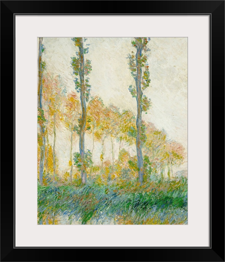 Large oil painting of tall and thin trees lining a waterfront area with tall grass.