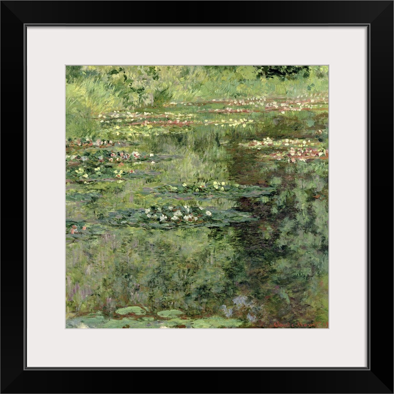 Painting of watter lillies and other growth near a pond.