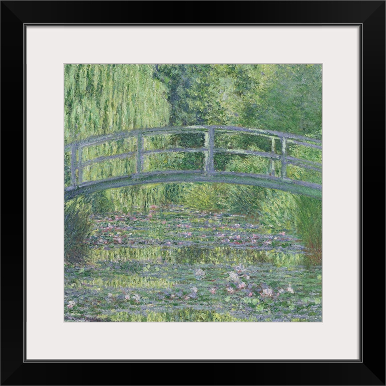 Square shaped artwork of a detail of an Impressionist painting from Giverny showing an arched bridge crossing a pond.