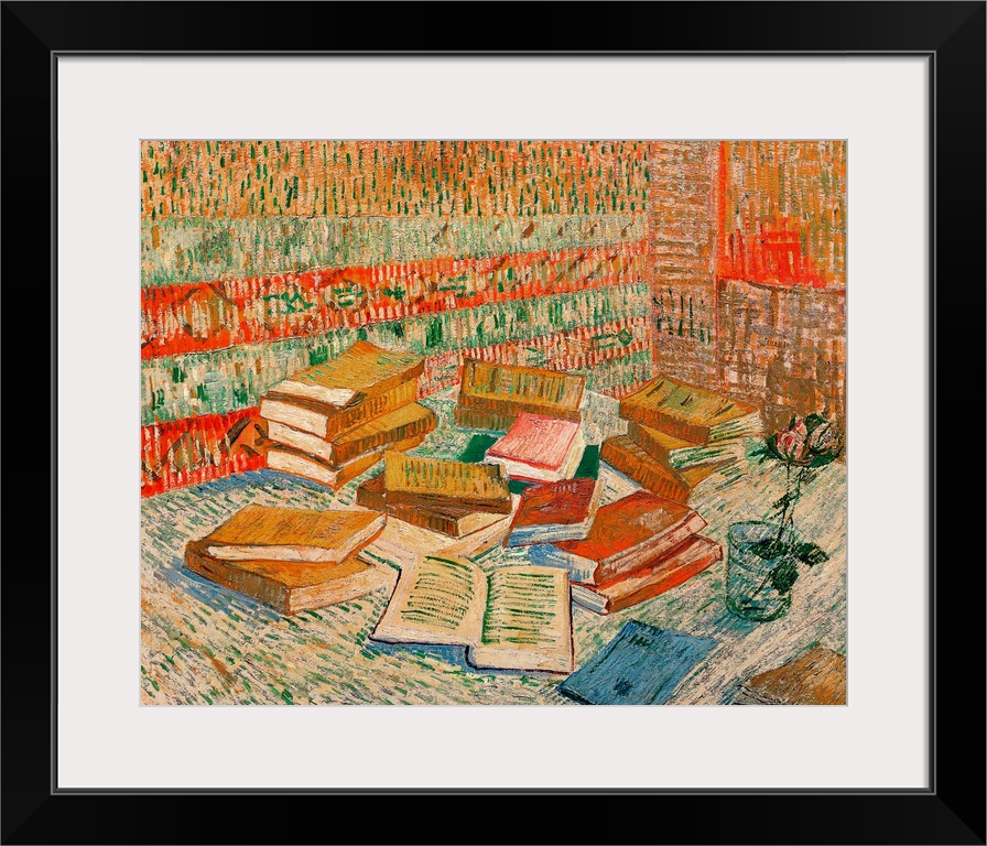 Large classic art portrays a stack of different literature sitting next to a flower in a cup of water on a table.  The wal...