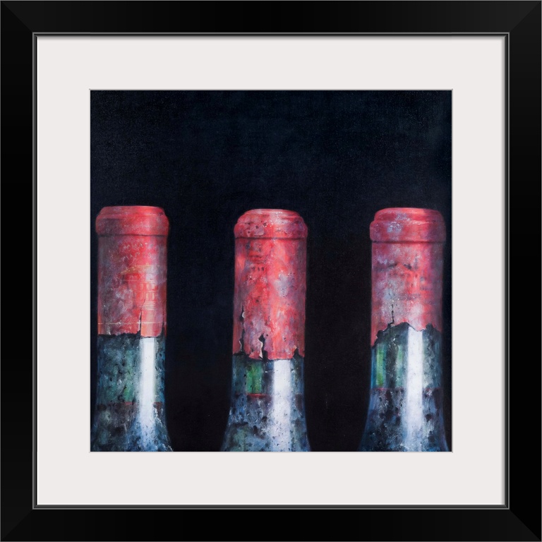 Contemporary still life of the tops of three wine bottles.