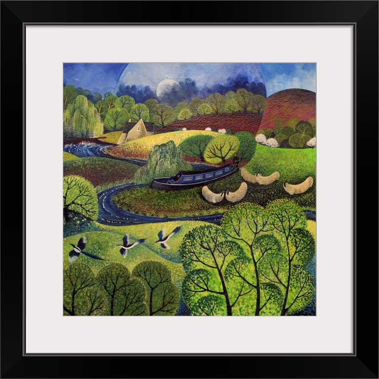 Contemporary painting of three magpies flying over a lush countryside.