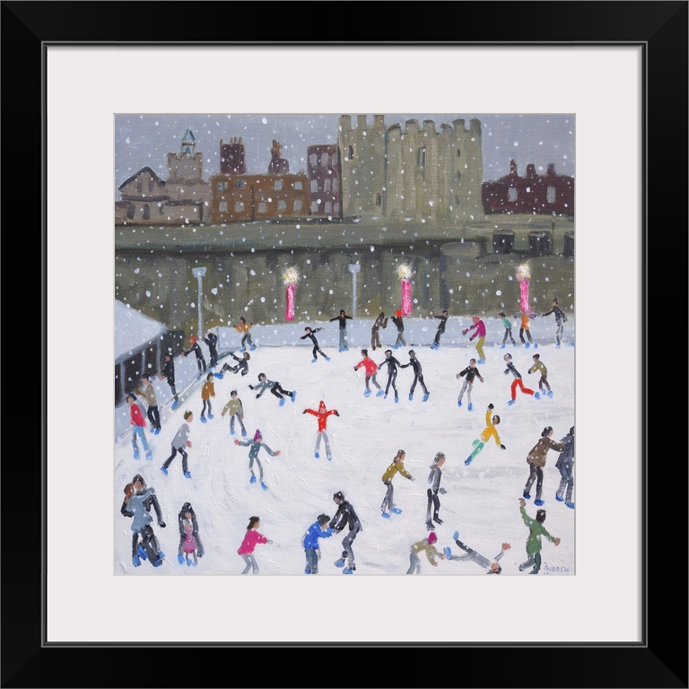 Contemporary painting of a skating rink filled with ice skaters.